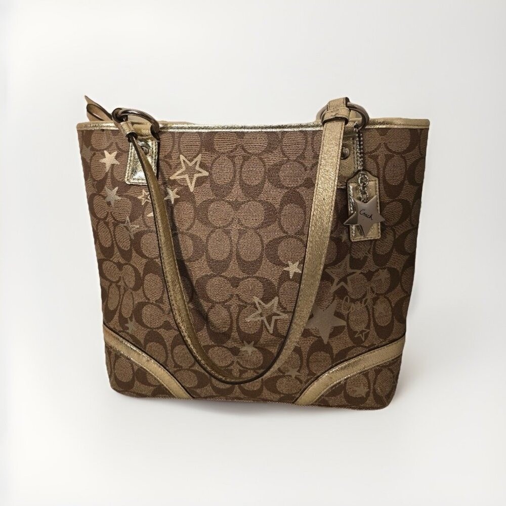 Coach Gallery Tote Signature Canvas Star Print Khaki Gold Metallic Shoulder Bag